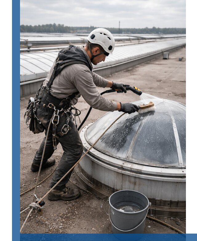 Мойка зенитных фонарей на кровле для промышленных объектов в Благовещенске