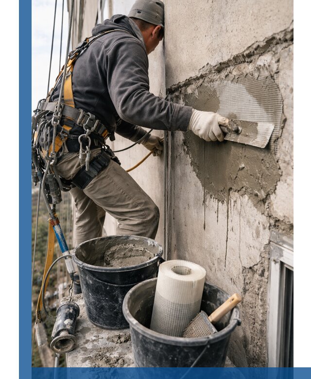 Ремонт бетонных элементов фасада промышленными альпинистами в Благовещенске