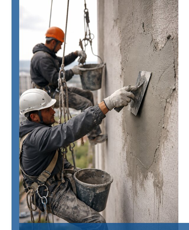 Штукатурка фасада на высоте в Благовещенске профессиональные работы