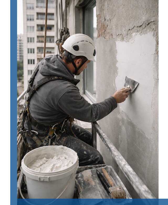 Шпаклевка фасадов на высоте с промальпинистами в Благовещенске