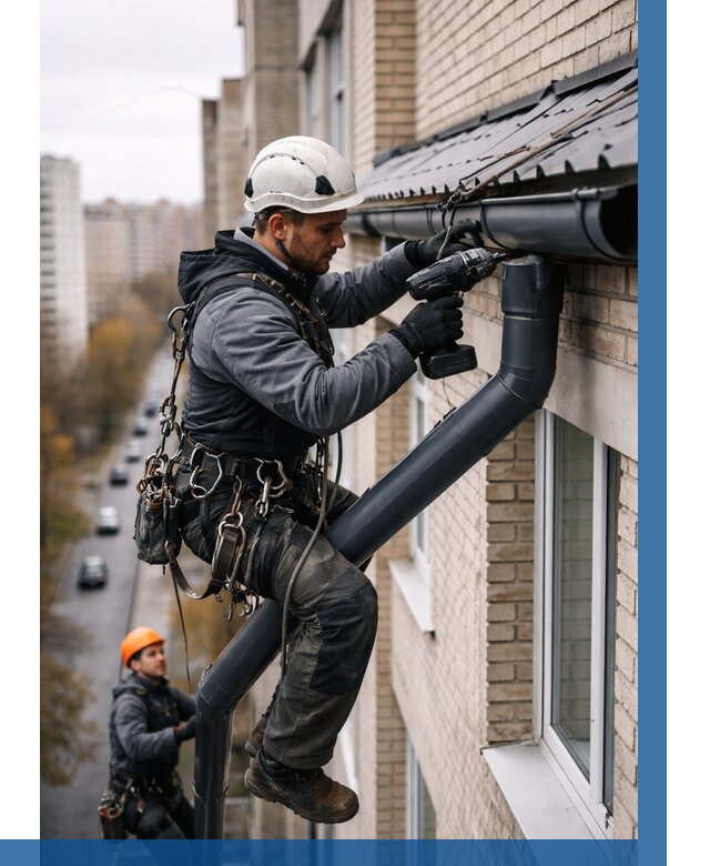 Монтаж водосточной системы на здании в Благовещенске от 5079 р. | ВЫСОТНИК-Бгн