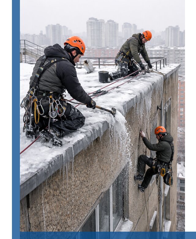 Удаление наледи с кровли в Благовещенске промышленными альпинистами