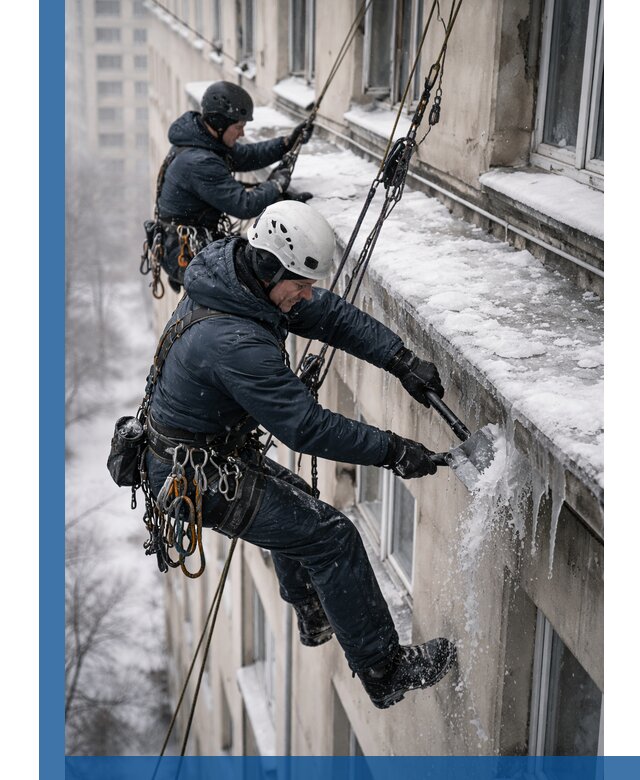 Удаление наледи и сосулек с карнизов в Благовещенске профессионально