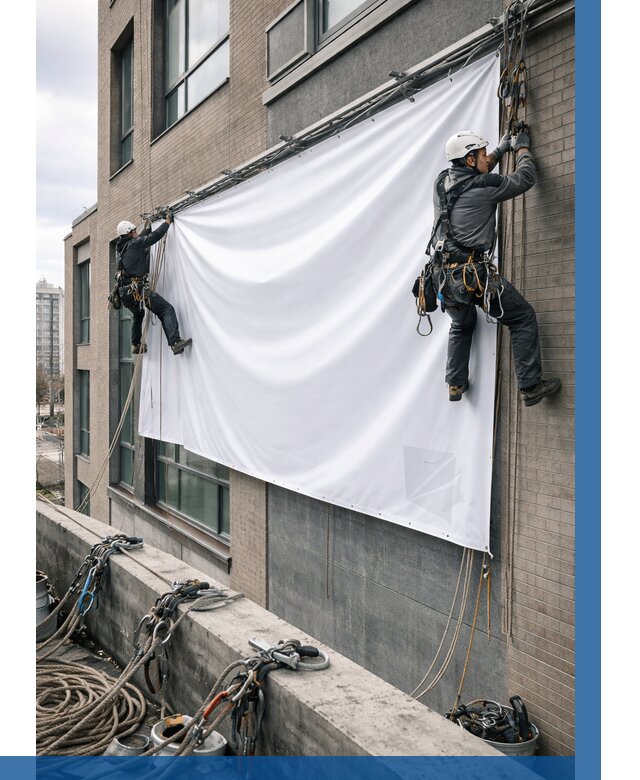 Монтаж баннеров на фасаде в Благовещенске от 660 р. заказать ВЫСОТНИК-Бгн