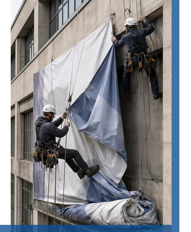 Демонтаж баннеров с фасада в Благовещенске от 4571 р. | ВЫСОТНИК-Бгн