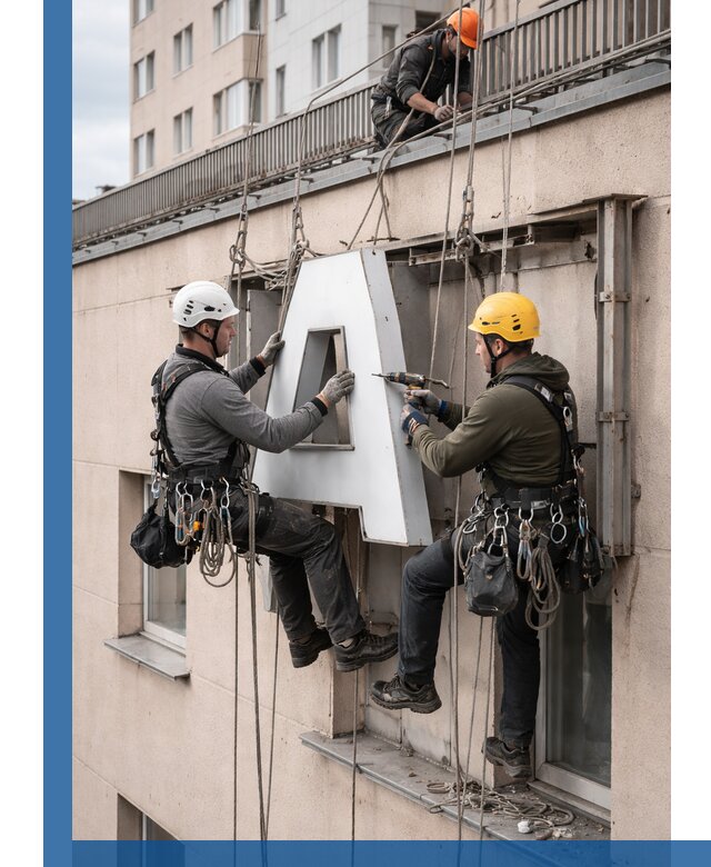 Ремонт и восстановление наружных вывесок на высоте в Благовещенске