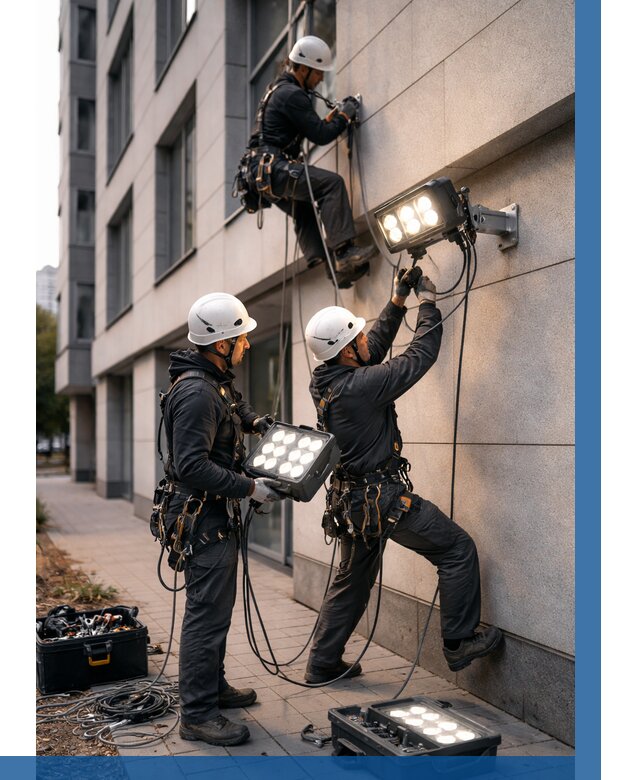 Монтаж прожекторов на фасаде в Благовещенске от 7618 р. | ВЫСОТНИК-Бгн