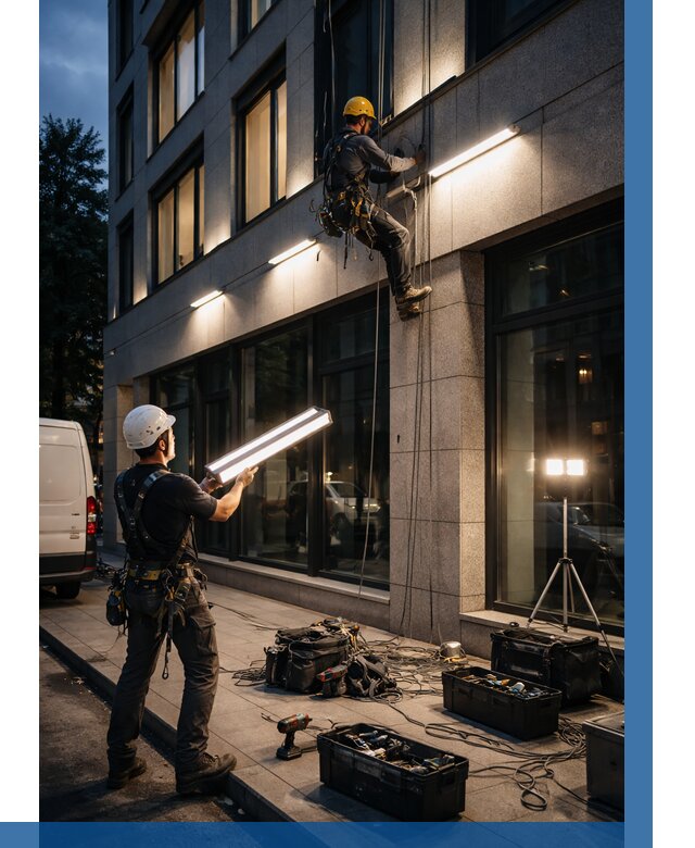 Монтаж архитектурной подсветки здания в Благовещенске от 2539 р.|ВЫСОТНИК-Бгн