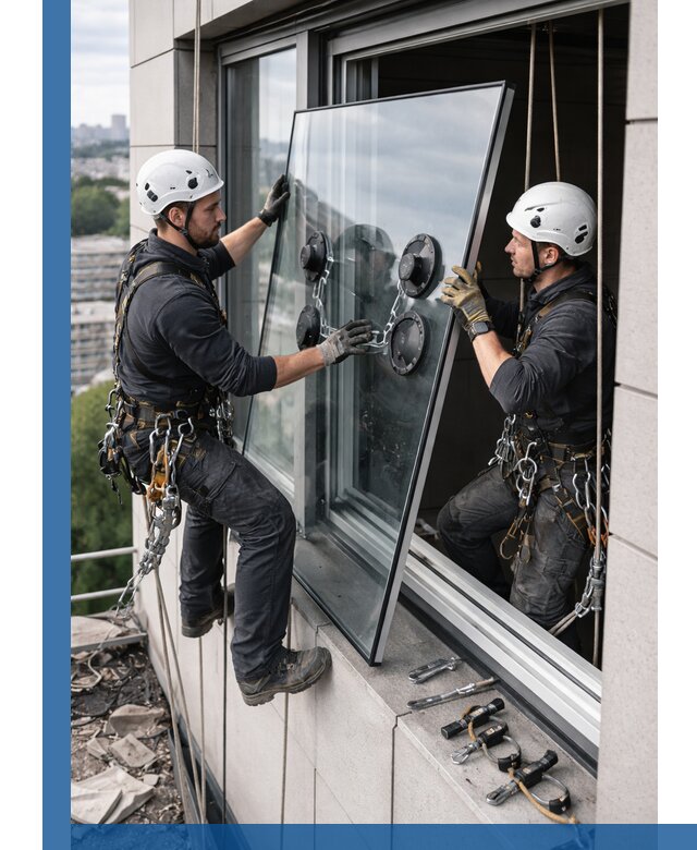 Замена стеклопакетов на высоте с промышленными альпинистами в Благовещенске