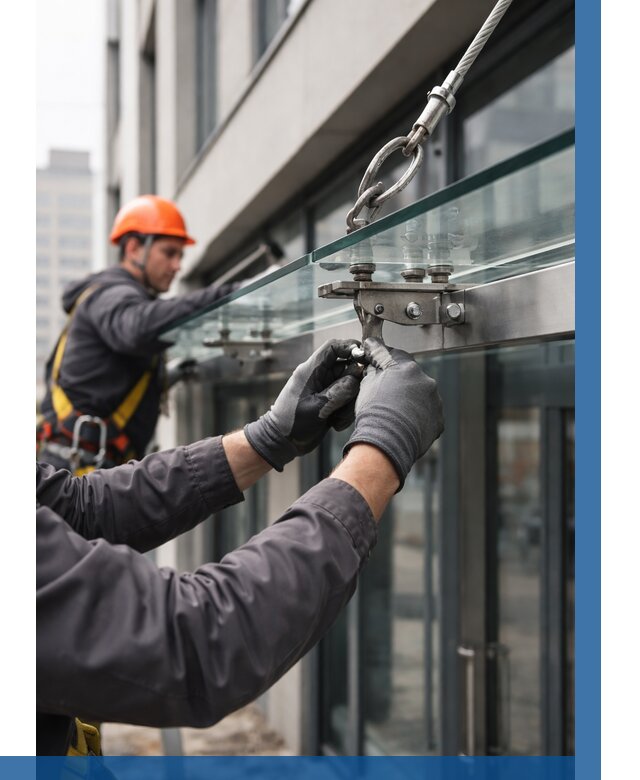 Монтаж стеклянных козырьков в Благовещенске от 8633 р. | ВЫСОТНИК-Бгн