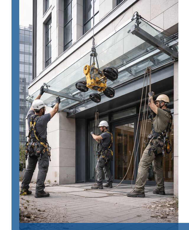 Монтаж стеклянных козырьков под ключ в Благовещенске для зданий