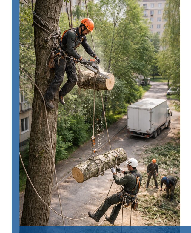 Спил деревьев альпинистами в Благовещенске, безопасно и без повреждений